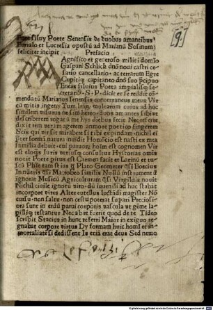 Historia de duobus amantibus Euryalo et Lucretia : an Marianus Sozinus, Wien 3.7.1444. Mit Vorrede des Autors an Kaspar Schlick