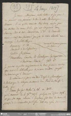 Eigenh. Brief von Guillaume Favre an August Wilhelm von Schlegel, La Grange, 1815