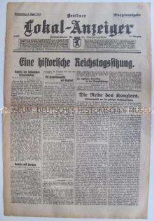 Titelblatt des "Berliner Lokal-Anzeiger" zur Reichstagssitzung