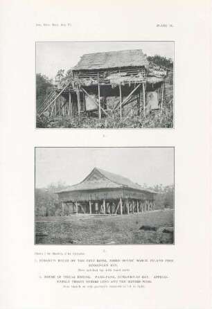 Plate IX. 1. Subanun house on the Peyó river, three hours'march inland ... 2. House of Timuai Embing. Pang-Pang, ...