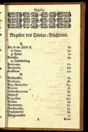 Register des Titular- Büchleins.