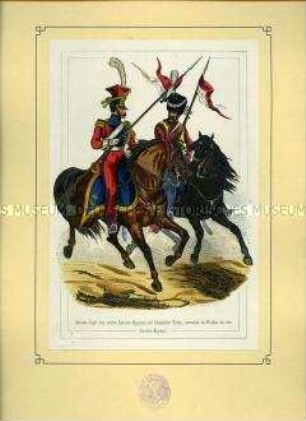 Uniformdarstellung, Chevauleger und Lithauischer Tartar als Plänkler des 2. Ulanen-Regiments der Kaiserlichen Garde mit Lanzenflaggen, Frankreich, 1812. Aus: Bellangé: Die Soldaten der französischen Republik und des Kaiserreichs.