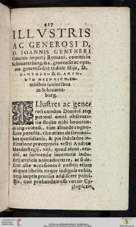 Illvstris ac generosi D. D. Ioannis Gvntheri Comitis imperij Romani […][Praefatio]