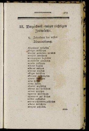 III. Verzeichniß einiger richtigen Zeitwörter.