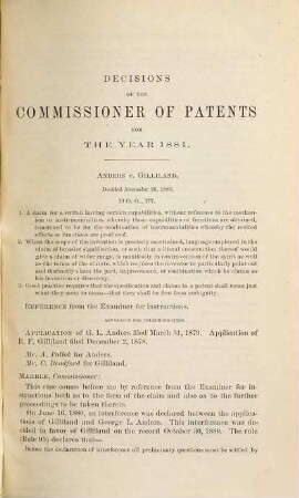 Decisions of the Commissioner of Patents and of the United States courts in patent and trade-mark and copyright cases : comp. from vols. ..., incl., of the official gazette of the U.S. Patent Office during the year .... 1881