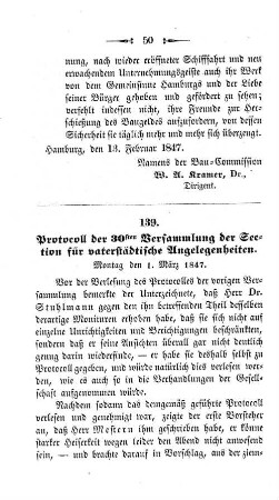 139. Protocoll der 30sten Versammlung der Section für vaterstädtische Angelegenheiten.