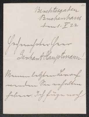 Brief von Oskar von Chelius an Gerhart Hauptmann