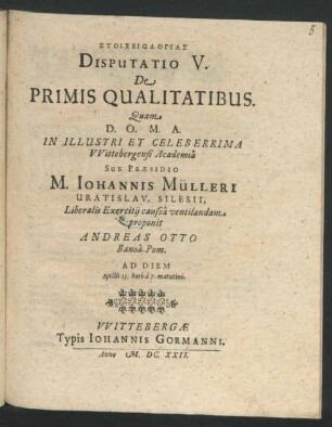 Stoicheiologias Disputatio V. De Primis Qualitatibus