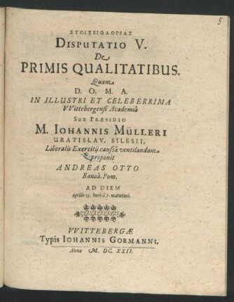 Stoicheiologias Disputatio V. De Primis Qualitatibus