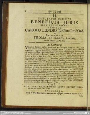 II, Disputatio Juridica Beneficia Juris Breviter Exhibens