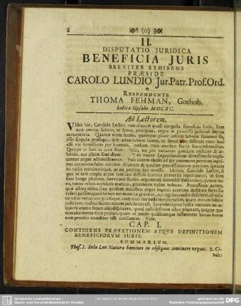 II, Disputatio Juridica Beneficia Juris Breviter Exhibens
