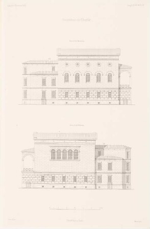 Gerichtshaus, Elberfeld: Nordansicht, Südansicht (aus: Atlas zur Zeitschrift für Bauwesen, hrsg. v. G. Erbkam, Jg. 2, 1852)