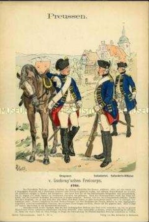 Uniformdarstellung, Dragoner, Infanterist und Infanterie-Offizier des Frei-Korps "von Gschray", Königreich Preußen, 1761.