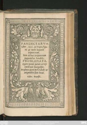 PANDECTARVM || Liber. XIII. de Tropis, Figu=||ris et modis loquendi || Scripturarum.|| Item de locis Scripturarum || pugnantibus Parallela.|| PROBLEMATA.|| Quare quaedã parum curiose || retulerunt Euangelistae.|| Prophetae quare in Parabolis et || aenigmatibus sunt locuti.|| Otho. Brunfel.||
