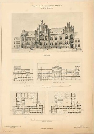 Landratsamt (Kreishaus), Neuruppin Monatskonkurrenz August 1893: Grundriss Erdgeschoss, Obergeschoss, Längsschnitt, Querschnitt, perspektivische Ansicht; 2 Maßstabsleisten
