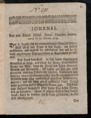 Journal Aus dem Kaiserl. Königl. Haupt-Quartier Heynitz, vom 8. bis 12. Novemb. 1759