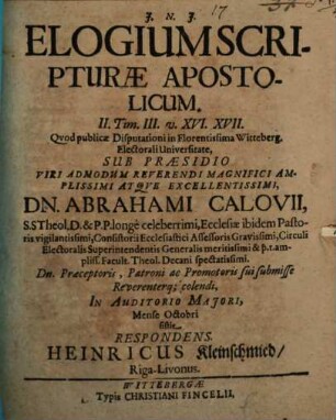 Elogium Scripturae apostolicum : II. Tim. III. v. XVI. XVII.