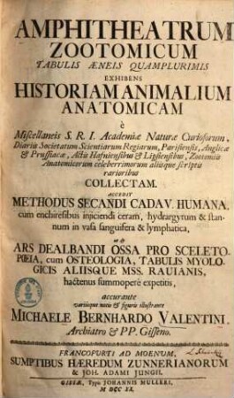 Amphitheatrum zootomicum : tabulis aeneis quam plurimis exhibens historiam animalium anatomicam ...