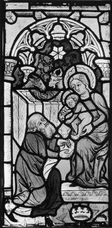 Glasfenster mit Anbetung des Christuskindes durch einen der Heiligen Drei Könige : Glasfenster mit Anbetung des Christuskindes durch einen der Heiligen Drei Könige. Glasmalerei (1386/1420). Judenburg, Ehemals Spitalkirche (Magdalenenkirche)