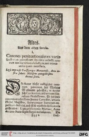 Altes [I. Canones penitentionales ex variis sanctorum pontificum decretis collecti, quorum notitia viris ecclesiasticis, non minus utilis quam necessaria – VI. Ferdinandus Episc. ac Princeps Paderbornesis]