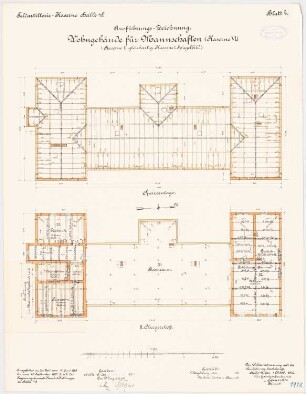 Feldartilleriekaserne, Halle/Saale: Wohnbau für Mannschaften - Kasernen I, II und VI: Grundriss 2. Obergeschoss, Sparrenlage 1:100