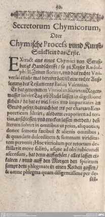 Secretorum Chymicorum, Oder Chymische Process unnd KunstStücklein das Erste.
