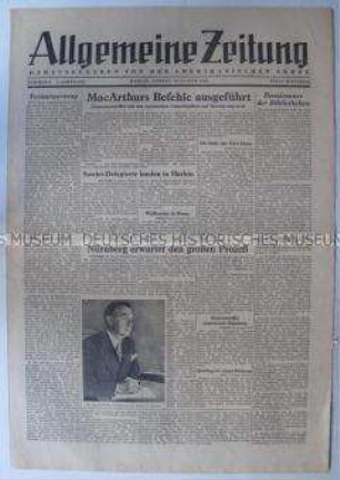 Tageszeitung der US-Armee für Berlin "Allgemeine Zeitung" u.a. zur Vorbereitung des Nürnberger Prozesses