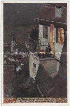 Postkarte mit Illustration zum Volkslied "Am Abend bevor ich zur Ruhe geh'..."