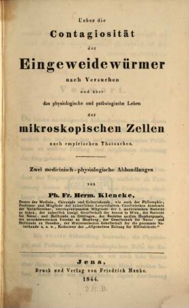 Ueber die Contagiosität der Eingeweidewürmer ...