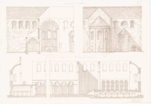 Stiftsruine, Bad Hersfeld: Querschnitt, Choransicht, Längschnitt (aus: Altchristl. u. roman. Baukunst, hrsg. v. Zeichenaussch. d. Stud. d. TH Berlin, 1875)