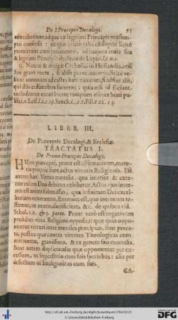 LIber III. De Praeceptis Decalogi, et Ecclesiae.
