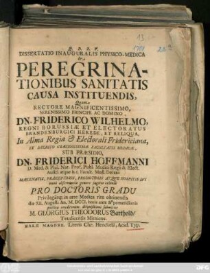 Dissertatio Inauguralis Physico-Medica de Peregrinationibus Sanitatis Causa Instituendis
