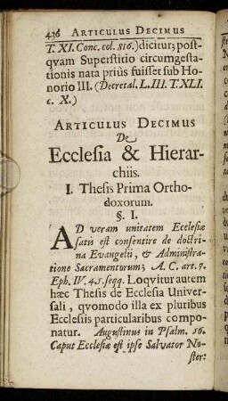 Articulus Decimus De Ecclesia & Hierarchiis.