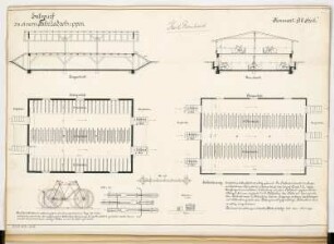 Fahrradschuppen Monatskonkurrenz Oktober 1897: Grundriss Untergeschoss, Obergeschoss, Längsschnitt, Querschnitt 1:75; Maßstabsleiste, Erläuterungstext