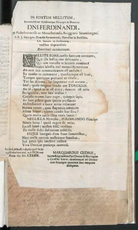 In Fontem Mellitum, Reverendissimi Celsissimique Principis ac Domini, Dni. Ferdinandi, Episcopi Paderbornensis ac Monasteriensis ... versibus elegantissimis Aeternitati consecratum