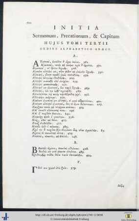 Initia Sermonum, Precationum, et Capitum Hujus Tomi Tertii Ordine Alphabetico Graece.