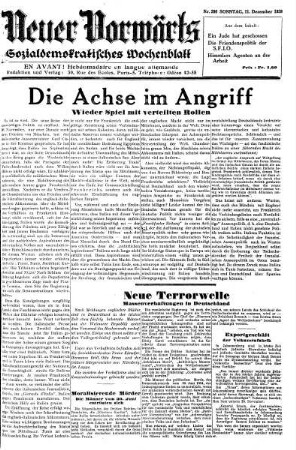 Neuer Vorwärts : sozialdemokratisches Wochenblatt = Nouvel "En avant!" : journal antihitlerien ; journal social-démocrate destiné aux réfugiés de langue allemande