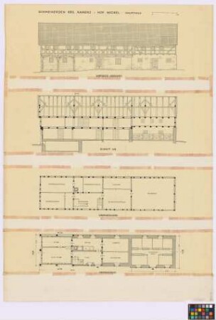 Schweinerden (Kreis Kamenz): Hof Mickel. Haupthaus (Süd-Ost-Hof-Seiten-Ansicht, Längsschnitt A-B, Grundriss des Obergeschosses, Grundriss des Erdgeschosses)