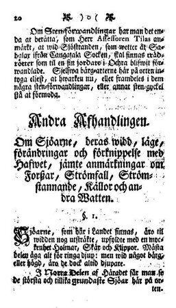 Andra Afhandlingen. Om Sjoearna, deras widd, laege, foerandringar och foerknippelse med hafwet, jaemte anmaerkningar om Forßar, Stroemfall, Stroemstannande, Kallor och andra Watten