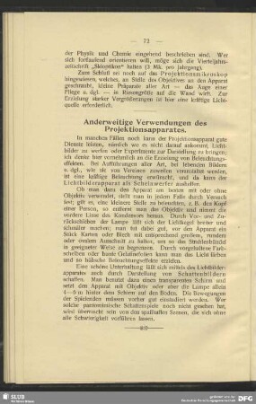 Anderweitige Verwendungen des Projektionsapparates