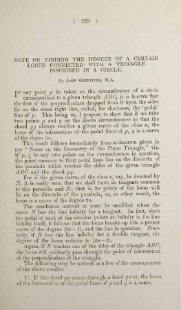 Note on finding the degree of a certain locus connected with a triangle inscribed in a circle.