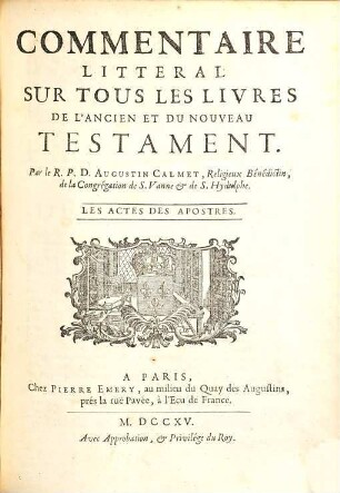 Commentaire Litteral Sur Tous Les Livres De L'Ancien Et Du Nouveau Testament, [19]. Les Actes des Apostres