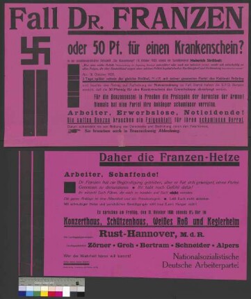Plakat der NSDAP zu öffentlichen Parteiversammlungen                                         mit politischen Reden von mehreren NSDAP-Funktionären über                                         das Ermittlungsverfahren der preußischen Polizei gegen den                                         braunschweigischen Minister [Anton] Franzen (Verdacht der                                         Begünstigung) am 31. Oktober 1930