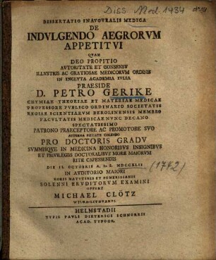Dissertatio Inavgvralis Medica De Indvlgendo Aegrorvm Appetitvi