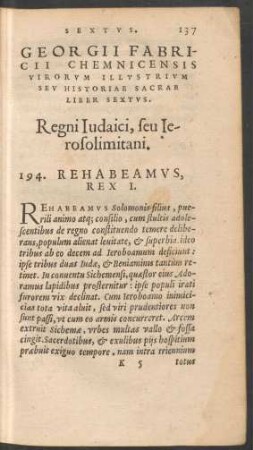 Georgii Fabricii Chemnicensis Virorum Illustrium Seu Historiae Sacrae Liber Sextus. Regni Iudaici, seu Ierosolimitani.