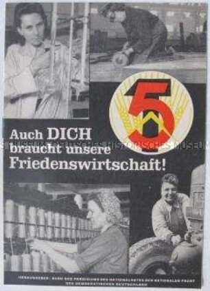 Illustrierte Propagandaschrift der Nationalen Front für stärkere Beschäftigung von Frauen in der Volkswirtschaft zur Erfüllung des Fünfjahrplans