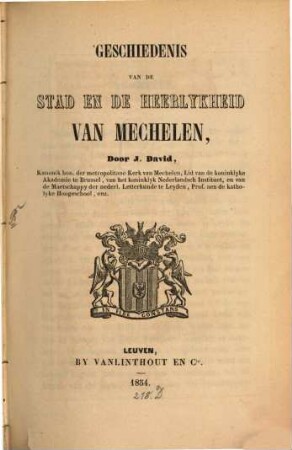 Geschiedenis van de Stad en de Heerlykheid van Mechelen