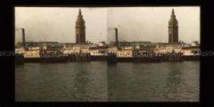 Blick auf Hafen mit Raddampfern an der Anlegestelle und Ferry Building, San Francisco