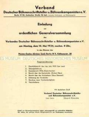 Sonderdruck zur Gerenalversammlung des Verbandes Deutscher Bühnenschriftsteller und Bühnenkomponisten e.V. - Personenkonvolut