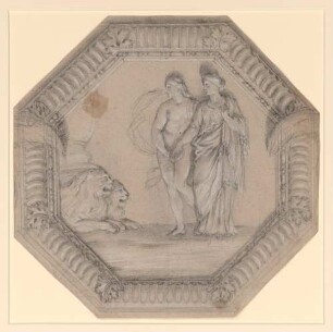 Vouet, Simon: Zeichnungen II, Blatt 76: Gerahmtes Oktogon mit zwei weiblichen Figuren - BSB Cod.icon. 397 b(76